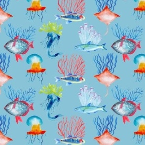 Sea life with watercolor hand-painted blue jellyfish, algaes, and fishes light blue background (Under the sea collection)