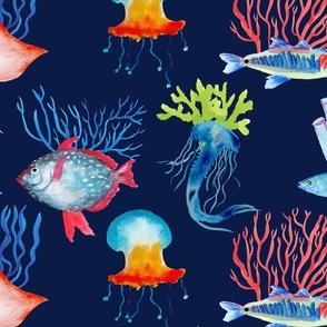 Sea life on blue background hand-painted gouache fish jumbo (Under the sea collection)