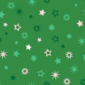 Med // Mixed sparkling stars in green and white on green background