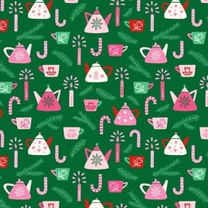 Small// Festive, cozy Christmas design with Tea pots, mugs, candles, candy canes, branches in pink, green, red, cream on dark green
