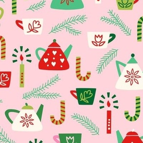 Med // Festive, cozy Christmas design with Tea pots, mugs, candles, candy canes, branches in pink, green, red, cream on light pink