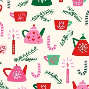 Med // Festive, cozy Christmas design with Tea pots, mugs, candles, candy canes, branches in pink, green, red on cream