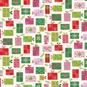 Small // Festive Christmas Gifts Presents Design in pink, red, green, light green on cream