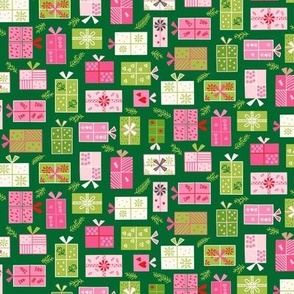 Small // Festive Christmas Gifts Presents Design in pink, red, green, light green, cream on dark green