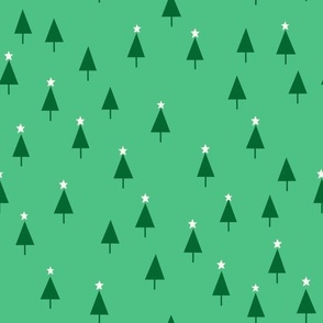 Med // Scandi Christmas trees with stars in dark green on medium green background