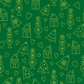 Christmas village with houses, trees, christmas bells, ornaments and hearts in white on green background