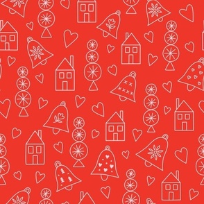 Christmas village with houses, trees, christmas bells, ornaments and hearts in white on red background