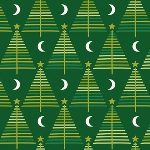 Scandi Christmas trees with stars and moons in white and light green on dark green background