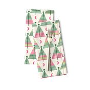 Scandi Christmas trees with stars and moons in green, light green and pink on cream white background