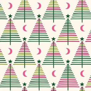 Scandi Christmas trees with stars and moons in green, light green and pink on cream white background