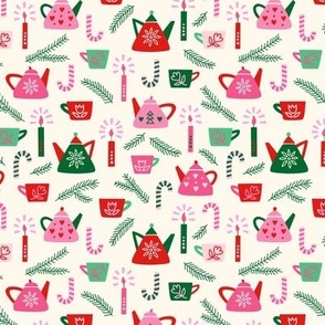 Small // Festive, cozy Christmas design with Tea pots, mugs, candles, candy canes, branches in pink, green, red on cream 