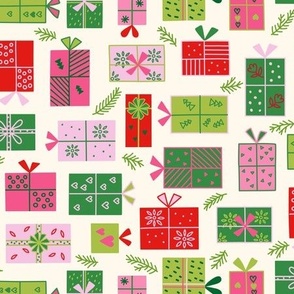 Med // Festive Christmas Gifts Presents Design in pink, red, green, light green on cream