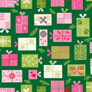 Med // Festive Christmas Gifts Presents Design in pink, red, green, light green, cream on dark green