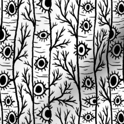 The Woods Are Watching Surreal | Black & White | Forest Woodland, Aspen Trees and Eyes