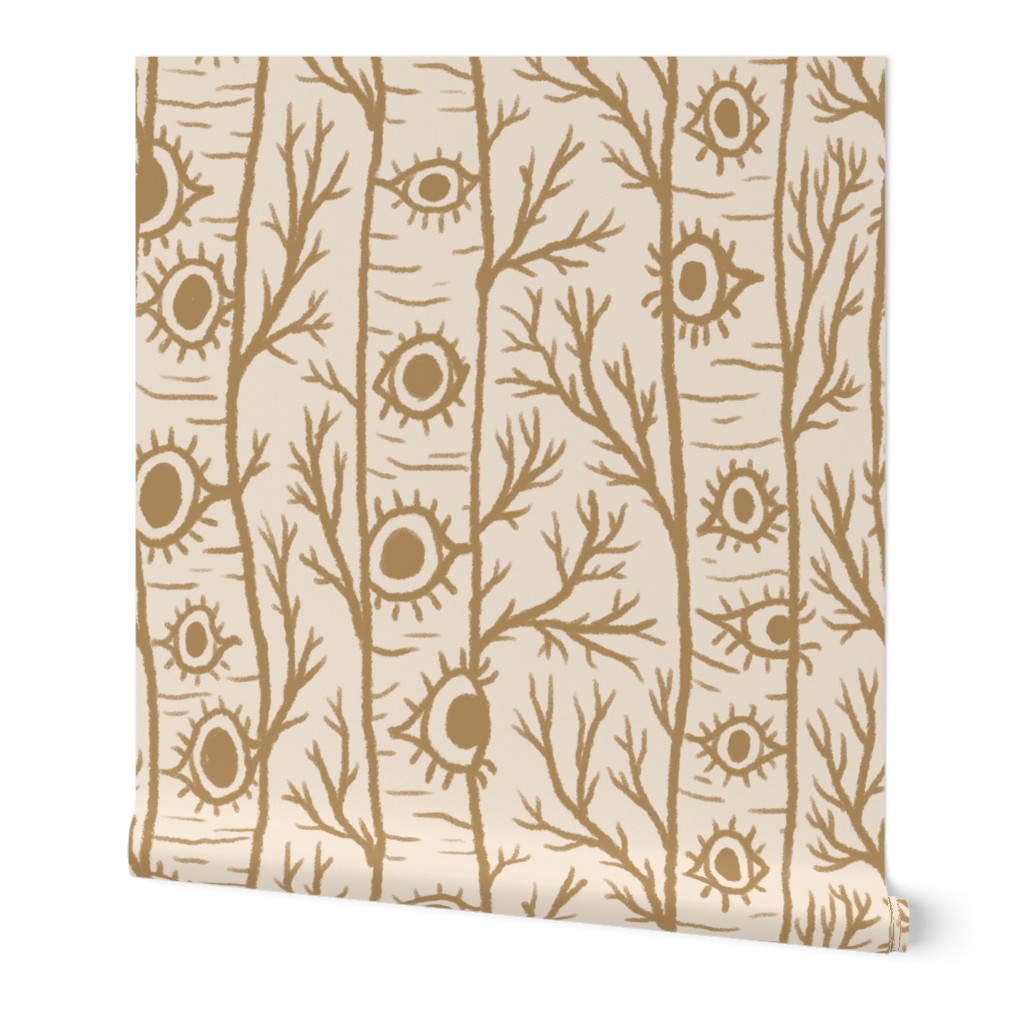 The Woods Are Watching Surreal | Cream Ecru and Gold | Forest Woodland, Aspen Trees and Eyes