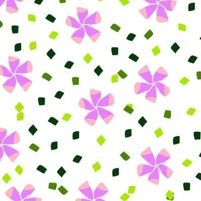 L Peaceful Floral Garden - Abstract Flower - Pink Hibiscus (Lilac Purple, Soft Purple) with Green Neon leaves on White - Nature inspire