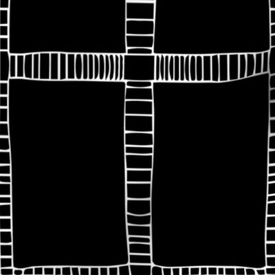 Large Hand Drawn Tribal Line Grid - Primitive Geometric - White on Black