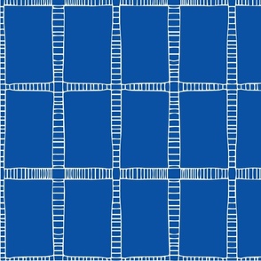 Large Hand Drawn Tribal Line Grid - Primitive Geometric - White on Blue