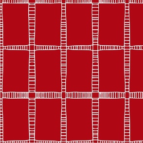 Large Hand Drawn Tribal Line Grid - Primitive Geometric - White on Red