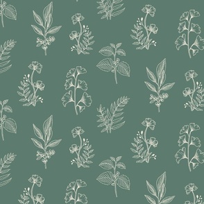 Medium Scale| Hand drawn botanicals| Vintage Wallpaper and fabric| green