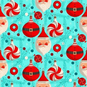 Santa and Ornaments ~ on light turquoise 