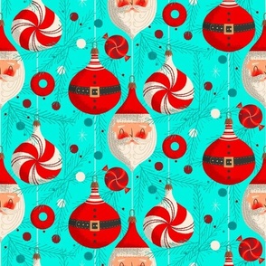 Santa and Ornaments ~ on turquoise 