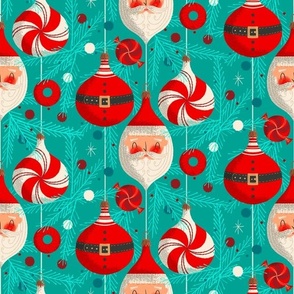 Santa and Ornaments ~ on medium turquoise 