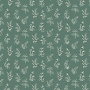 Small Scale| Hand drawn botanicals| Vintage Wallpaper and fabric| green