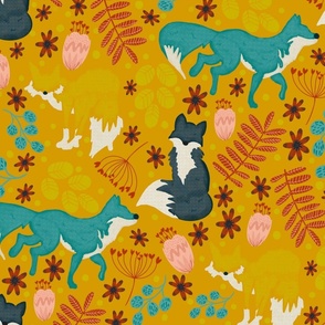 Bright woodland foxes on yellow 