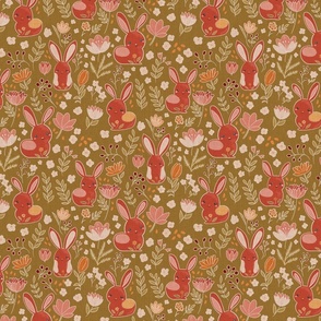 Pink and terracotta red bunnies and flowers on a dark ochre background, faux linen