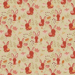 Pink and terracotta red bunnies on a faux linnen light green background