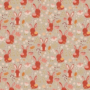 Pink and terracotta red cute easter bunnies and flowers