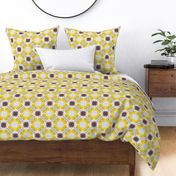 Large scale sunny dopamine yellow and mauve daisy floral geometric mosaic in photographic style for curtains, table runners, table cloths and duvet covers.