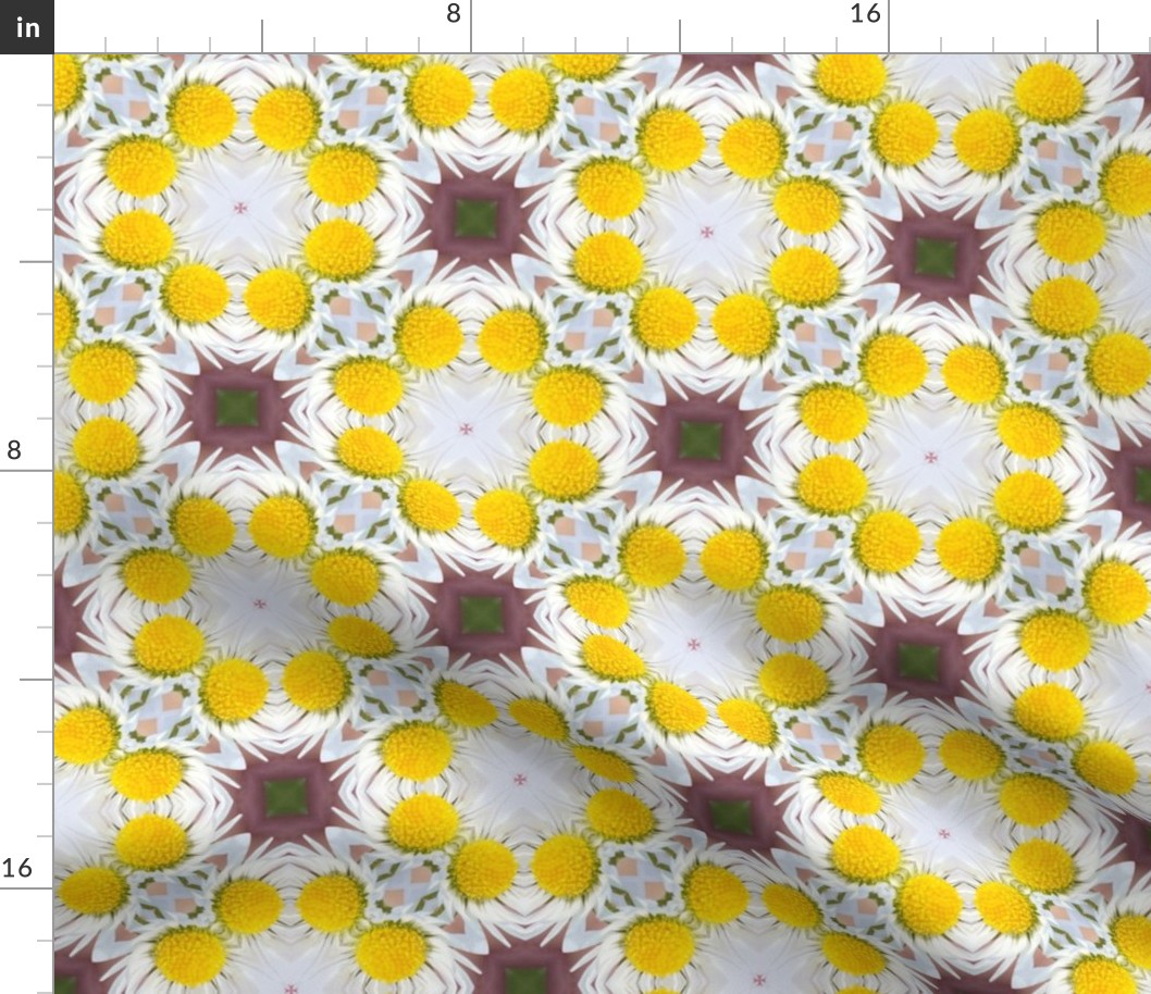 Large scale sunny dopamine yellow and mauve daisy floral geometric mosaic in photographic style for curtains, table runners, table cloths and duvet covers.
