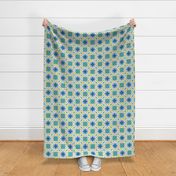 Large scale sunny dopamine yellow and turquoise floral grid geometric mosaic in photographic style for curtains, table runners, table cloths and duvet covers.