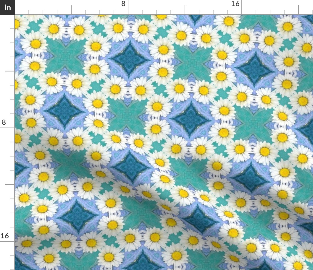 Large scale sunny dopamine yellow and turquoise floral grid geometric mosaic in photographic style for curtains, table runners, table cloths and duvet covers.