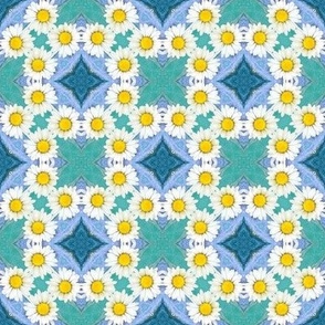 Small scale sunny dopamine yellow and turquoise geometric floral mosaic in photographic style for curtains, table runners, table cloths and duvet covers.