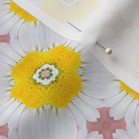 Small scale sunny dopamine yellow white and pink floral geometric mosaic in photographic style for curtains, table runners, table cloths and duvet covers.