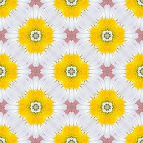 Small scale sunny dopamine yellow white and pink floral geometric mosaic in photographic style for curtains, table runners, table cloths and duvet covers.