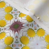 Small scale sunny dopamine yellow and merlot wine floral geometric mosaic in photographic style for curtains, table runners, table cloths and duvet covers.