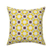 Small scale sunny dopamine yellow and merlot wine floral geometric mosaic in photographic style for curtains, table runners, table cloths and duvet covers.
