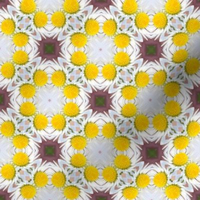 Small scale sunny dopamine yellow and merlot wine floral geometric mosaic in photographic style for curtains, table runners, table cloths and duvet covers.