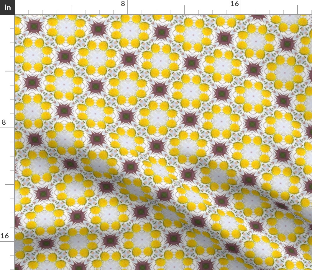 Small scale sunny dopamine yellow and merlot wine floral geometric mosaic in photographic style for curtains, table runners, table cloths and duvet covers.