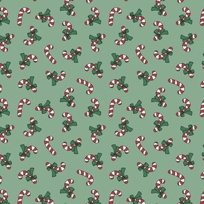 Little candy cane present and bows christmas design red green on sage green vintage palette SMALL