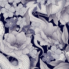 Deep Blue Enchanted Serpent & Florals - Large Scale