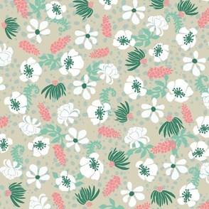 Hula Floral Green on Beige 150