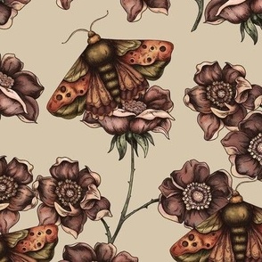 Vintage neutral wildflowers with moths on beige
