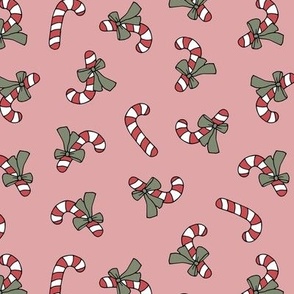 Little candy cane present and bows christmas design red green on blush vintage palette  