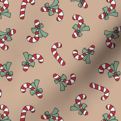 Little candy cane present and bows christmas design red green on tan latte beige vintage palette  