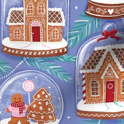 gingerbread houses in snow globes periwinkle large scale Christmas, xmas fabric WB22